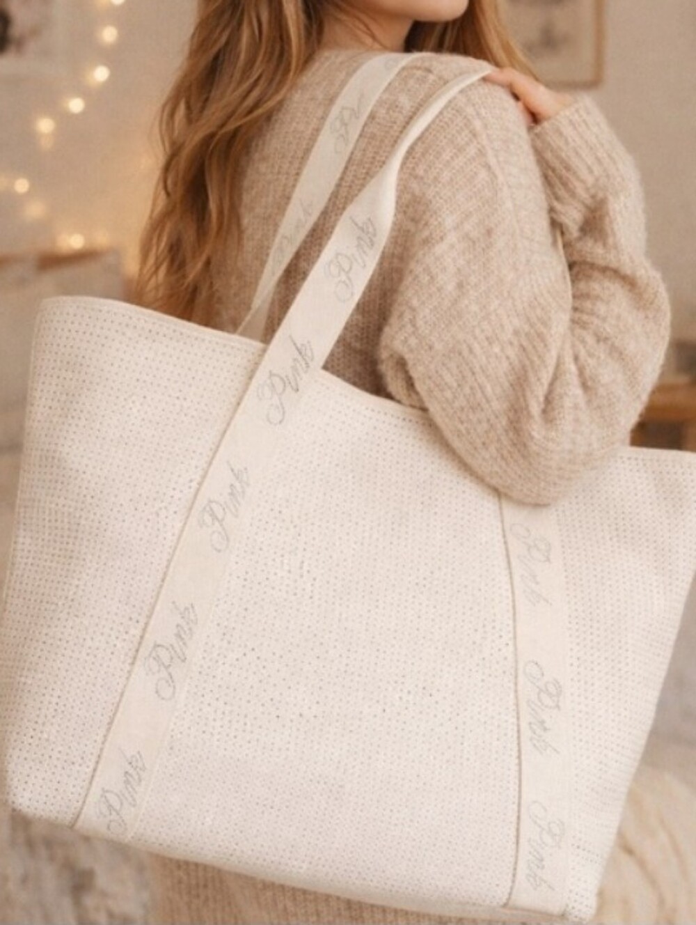 Victoria Secret PINK- Logo Rhinestone Bling Tote Bag (Cream 🤍)